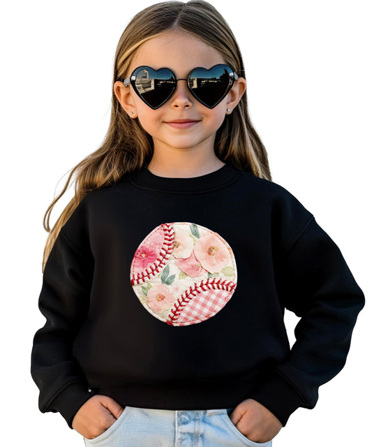 Olive Loves Apple Ink-Printed Image Not Actual Patchwork Floral & Gingham Baseball Sweatshirt for Women & Youth Girls