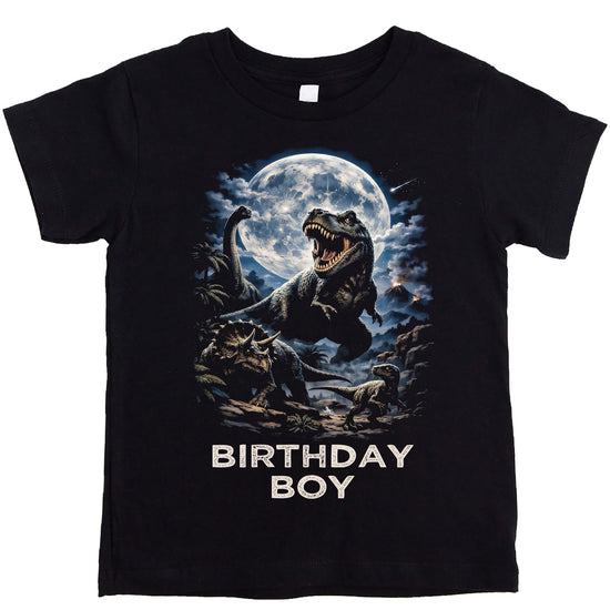 T-Rex dinosaur birthday boy shirt in black with green and orange dinosaur graphic