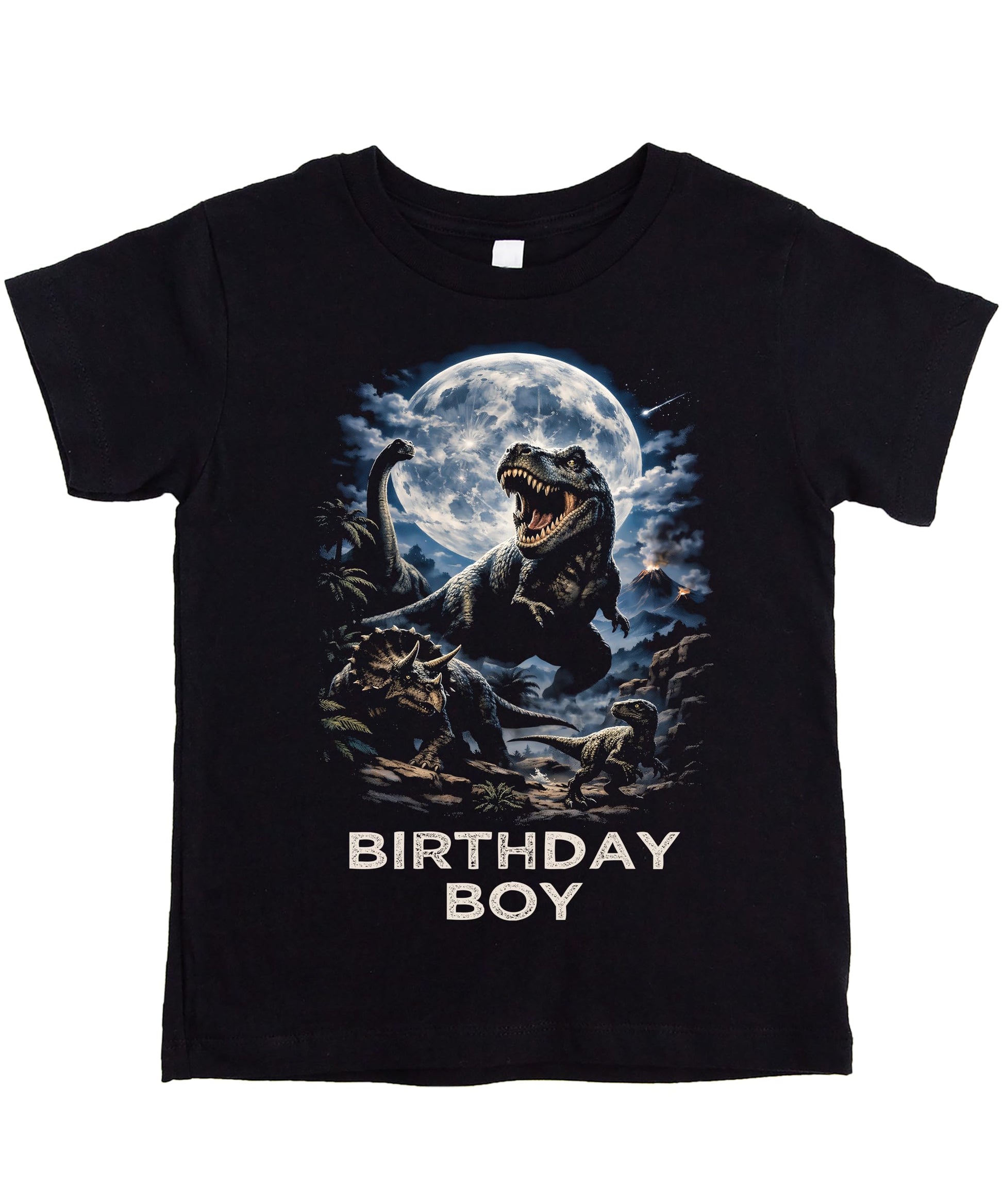 T-Rex dinosaur birthday boy shirt in black with green and orange dinosaur graphic