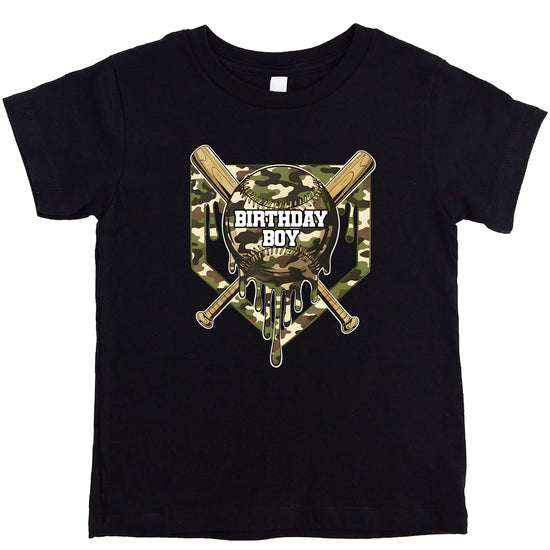 Boys black camo baseball birthday graphic tee shirt displayed flat