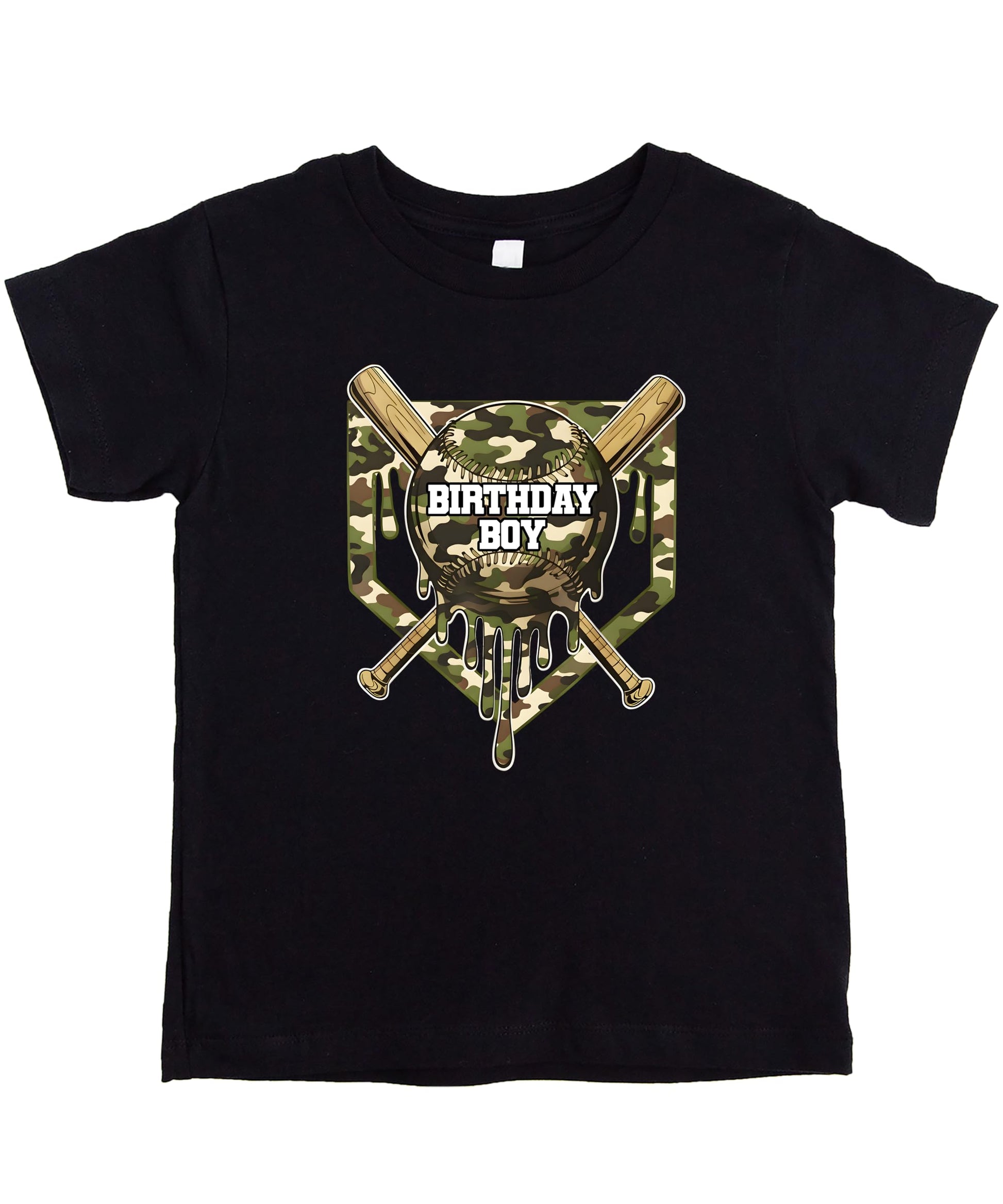 Boys black camo baseball birthday graphic tee shirt displayed flat