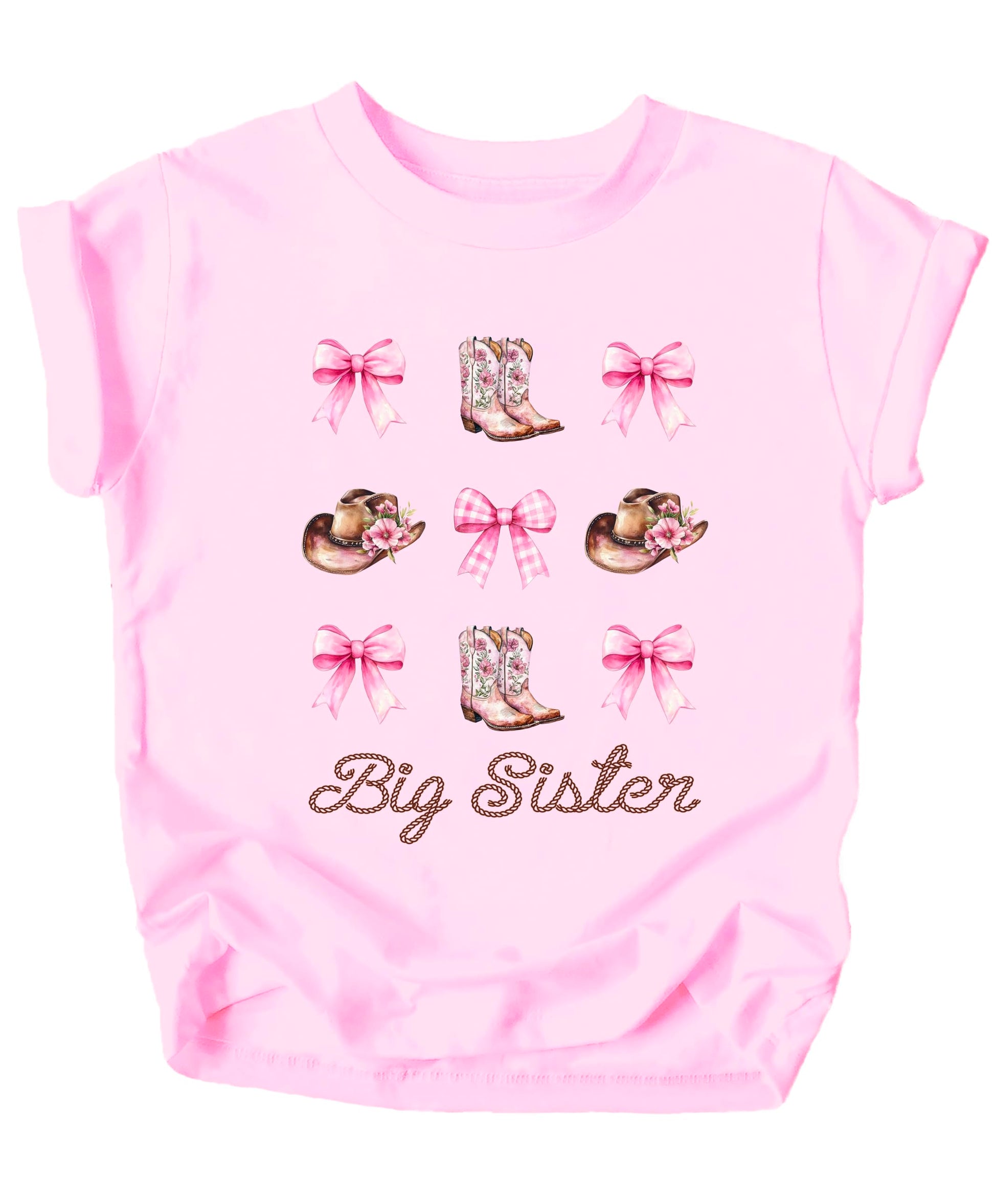 Close-up view of western big sister graphic featuring cowgirl boots and pink bow details