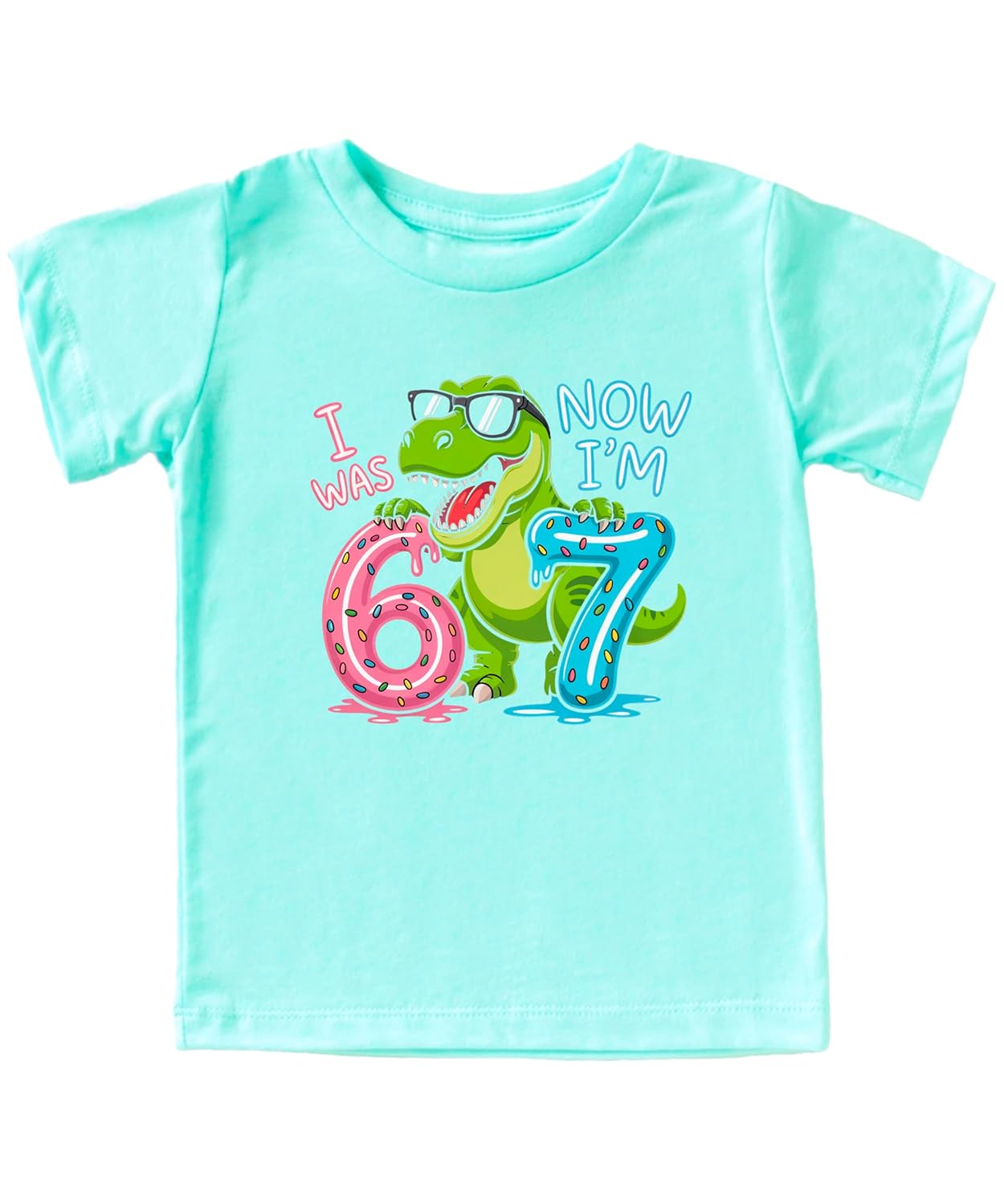 Black dinosaur 7th birthday shirt showing T-Rex design with colorful sprinkled numbers