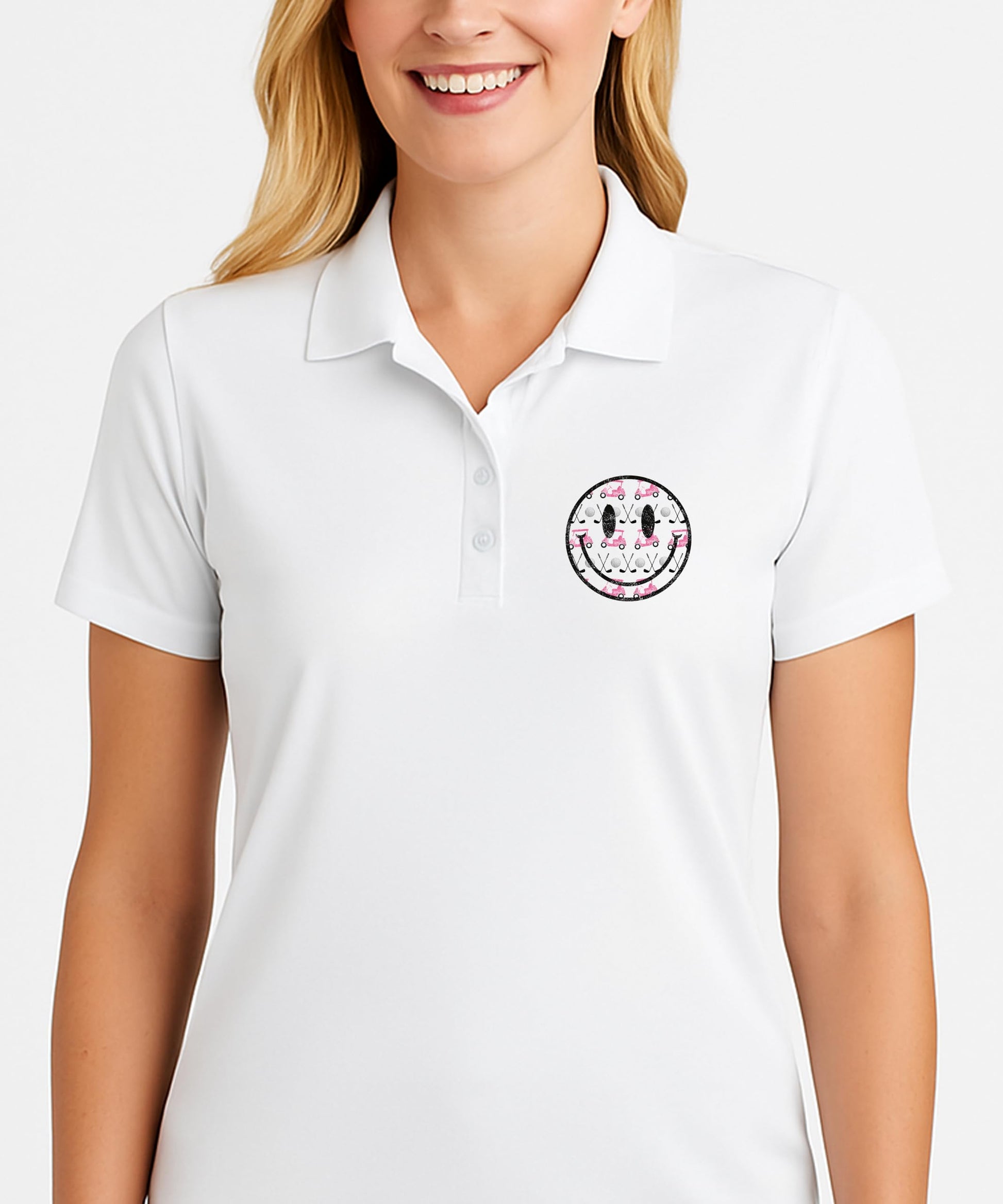 Side view of sleeveless golf polo shirt with pink golf themed graphics