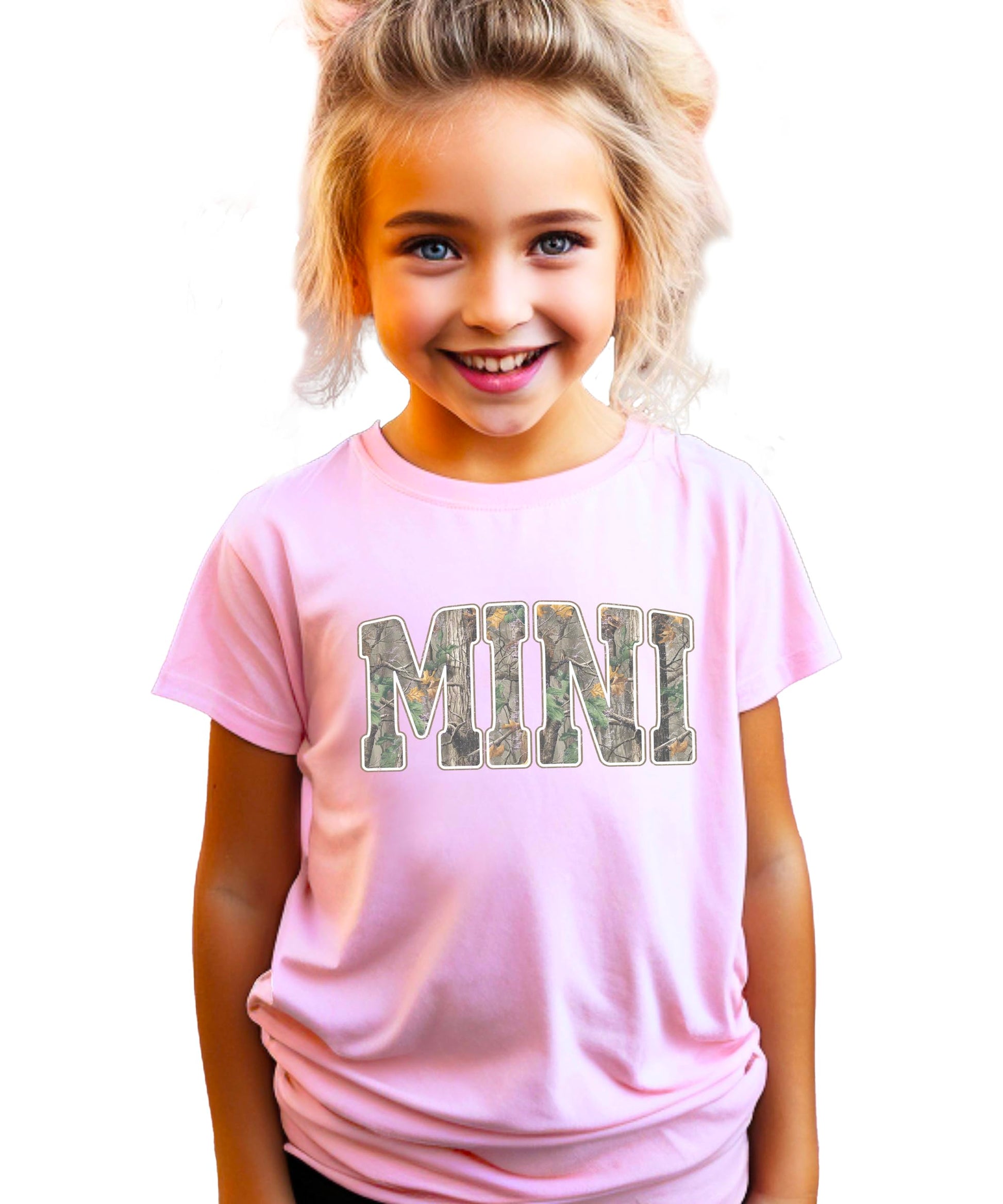 Side by side comparison of mama and mini camo matching shirts showing size difference
