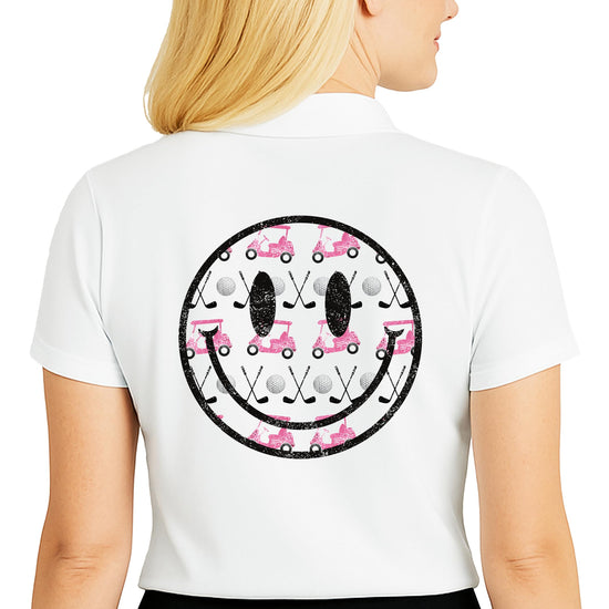 Close-up of girly golf cart and clubs print detail on white polo shirt
