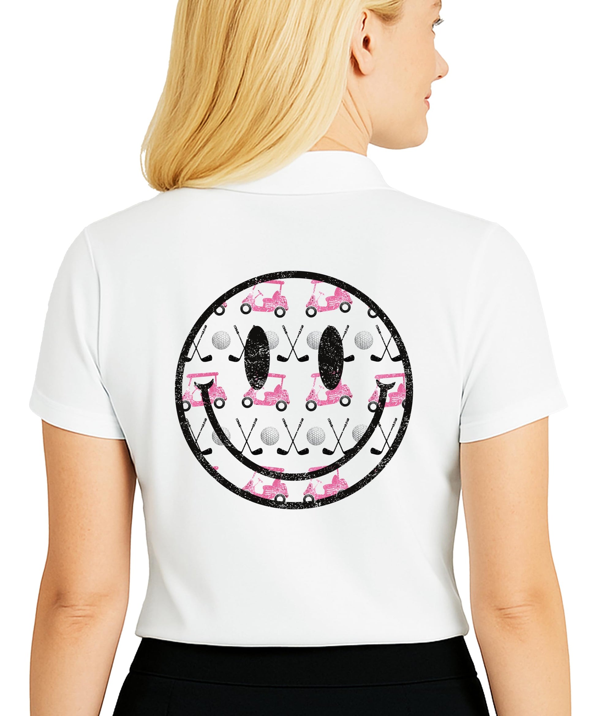 Close-up of girly golf cart and clubs print detail on white polo shirt