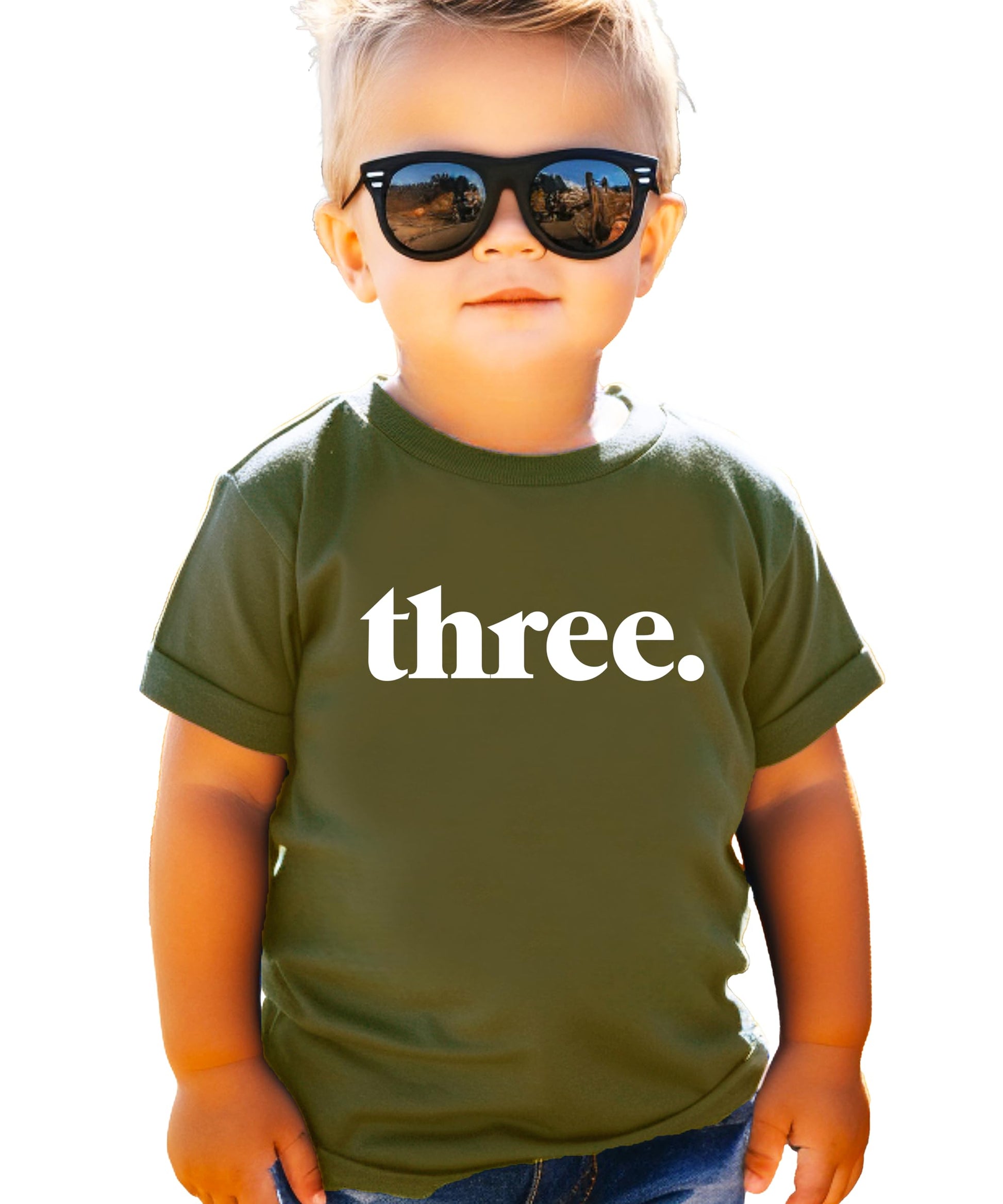 Toddler boy in Three period 3rd birthday shirt front view