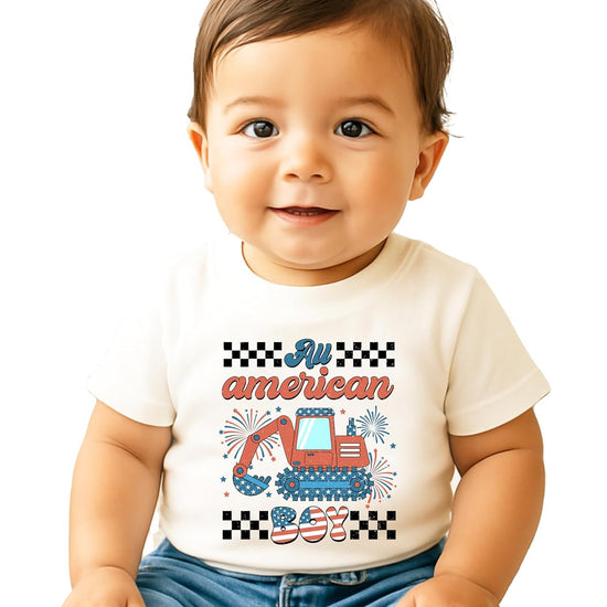Full front view of excavator 4th of July graphic tee on natural background