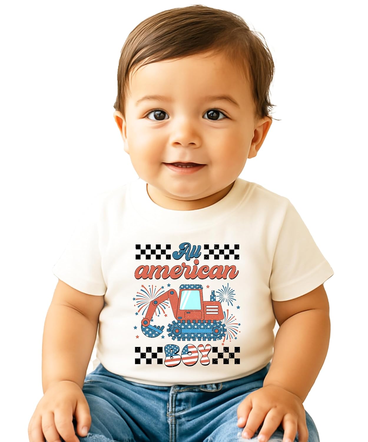 Full front view of excavator 4th of July graphic tee on natural background