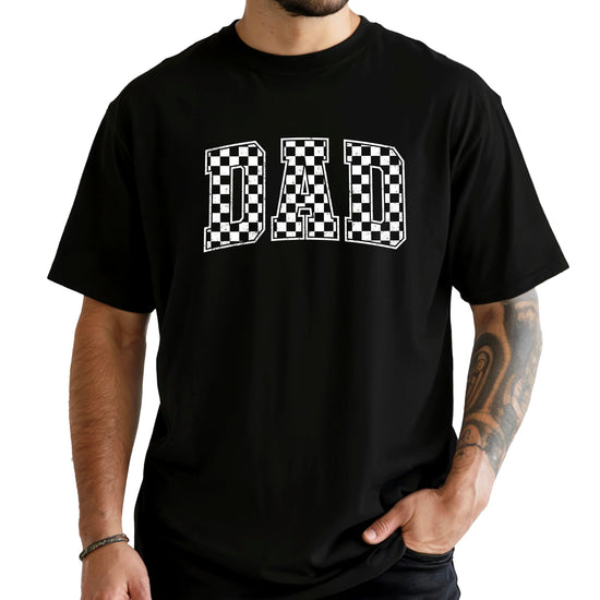 Black checkered DAD graphic t-shirt for men with vintage-style lettering design