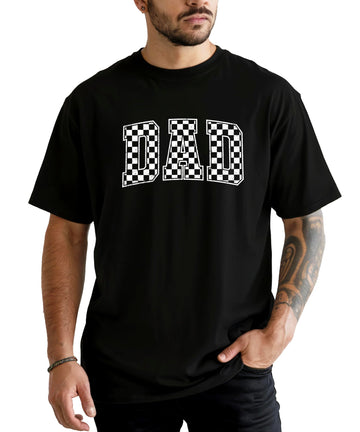 Black checkered DAD graphic t-shirt for men with vintage-style lettering design