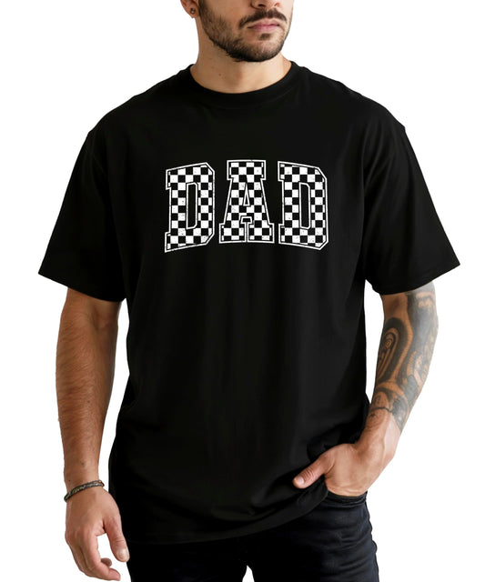 Black checkered DAD graphic t-shirt for men with vintage-style lettering design