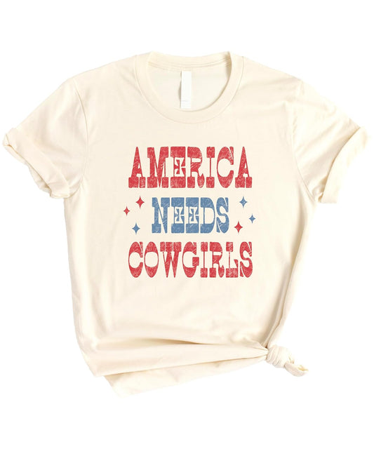 America Needs Cowgirls Vintage Western Patriotic Graphic Tee