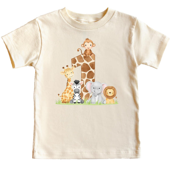 Family wearing matching safari 1st birthday shirts with jungle animals