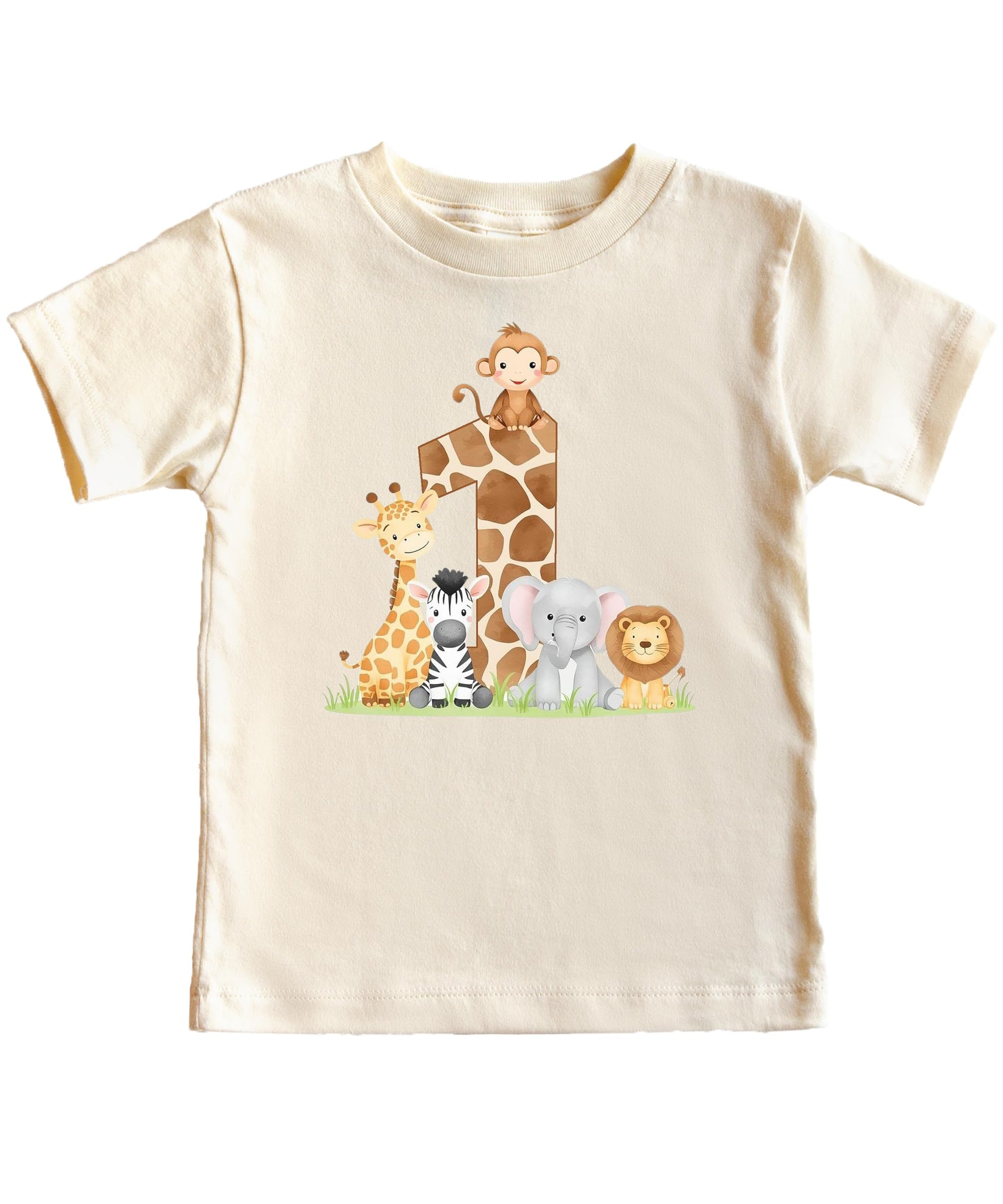 Family wearing matching safari 1st birthday shirts with jungle animals