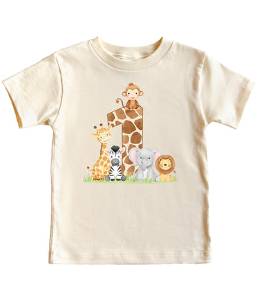 Family wearing matching safari 1st birthday shirts with jungle animals