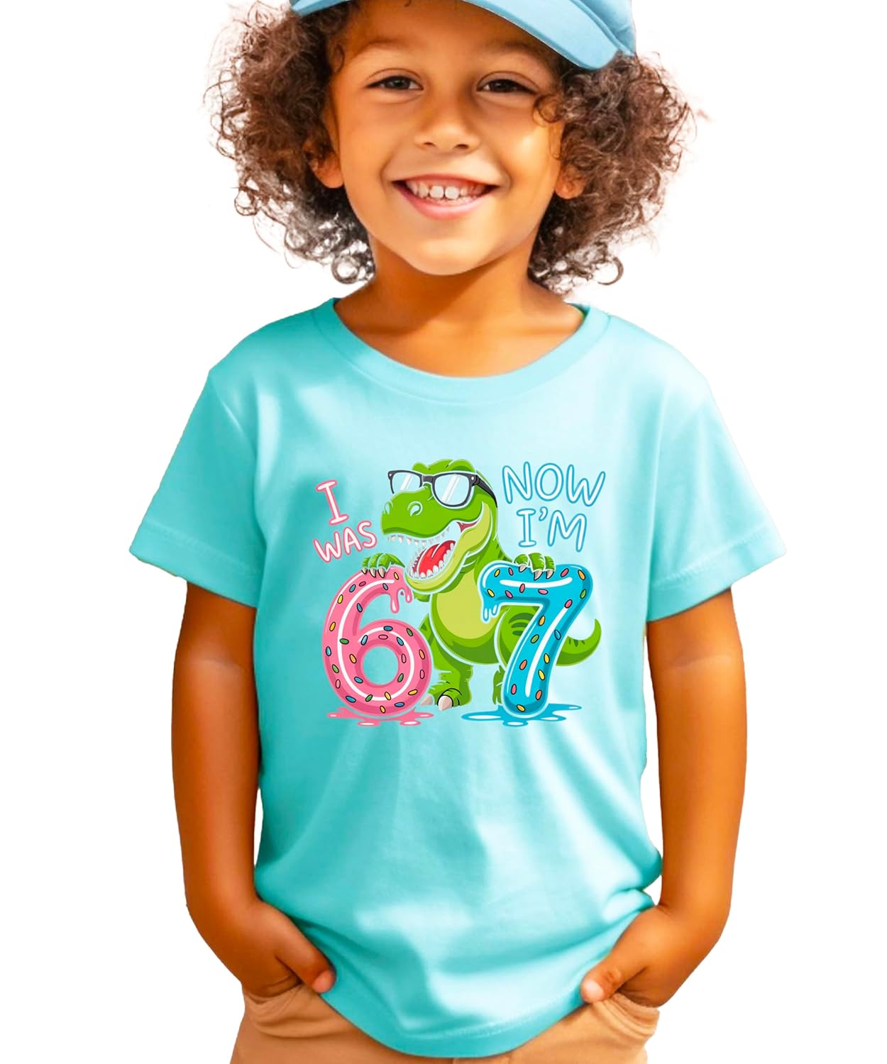 Size chart and color options for I Was 6 Now I'm 7 dinosaur birthday kids shirt