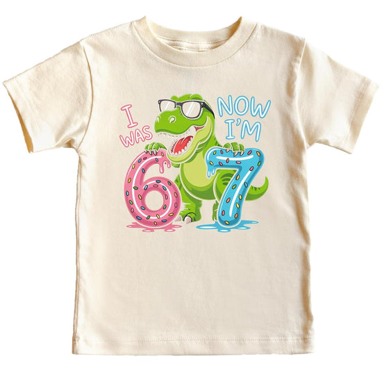 Natural colored seventh birthday dinosaur tee with cool T-Rex graphic and age text
