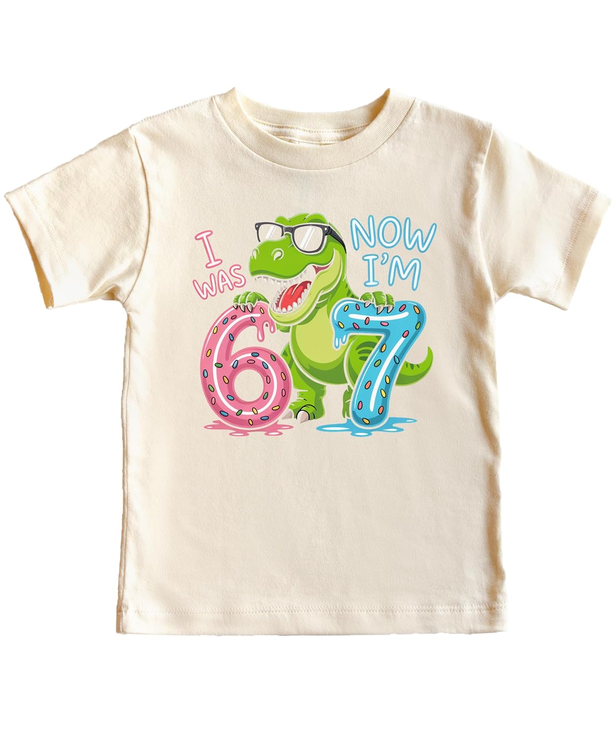 Natural colored seventh birthday dinosaur tee with cool T-Rex graphic and age text