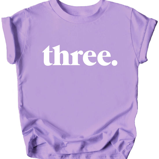 Flat lay of Three Period 3rd birthday toddler shirt on white background