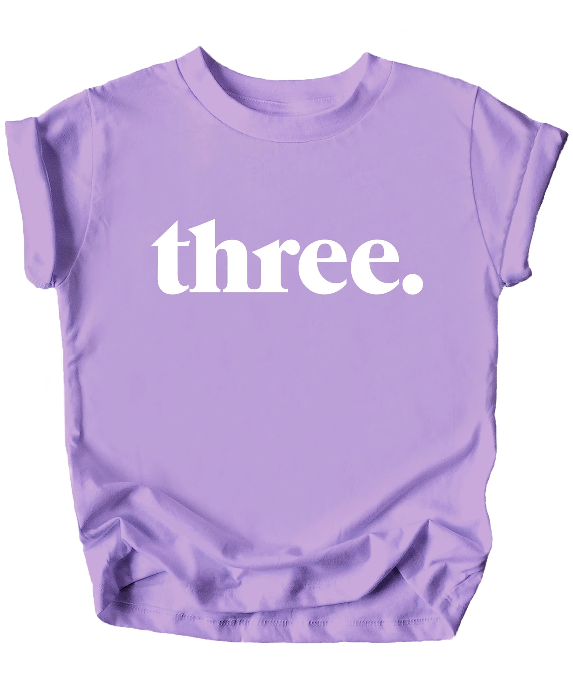 Flat lay of Three Period 3rd birthday toddler shirt on white background