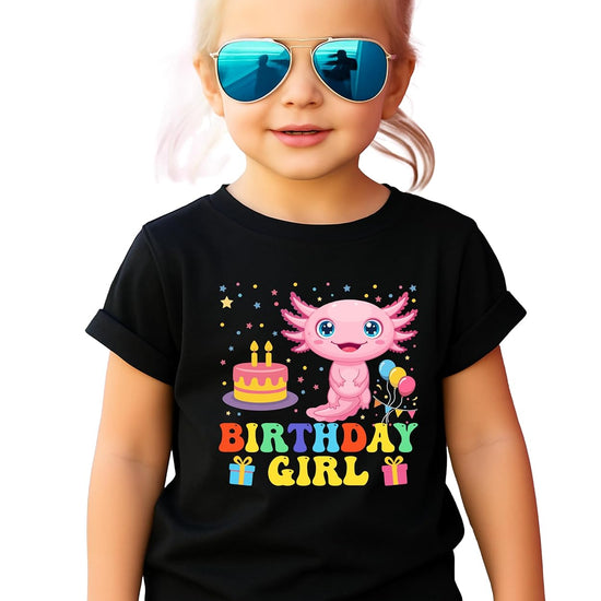 Axolotl family birthday shirt set showing Mom, Dad and Birthday Girl matching designs with rainbow colors