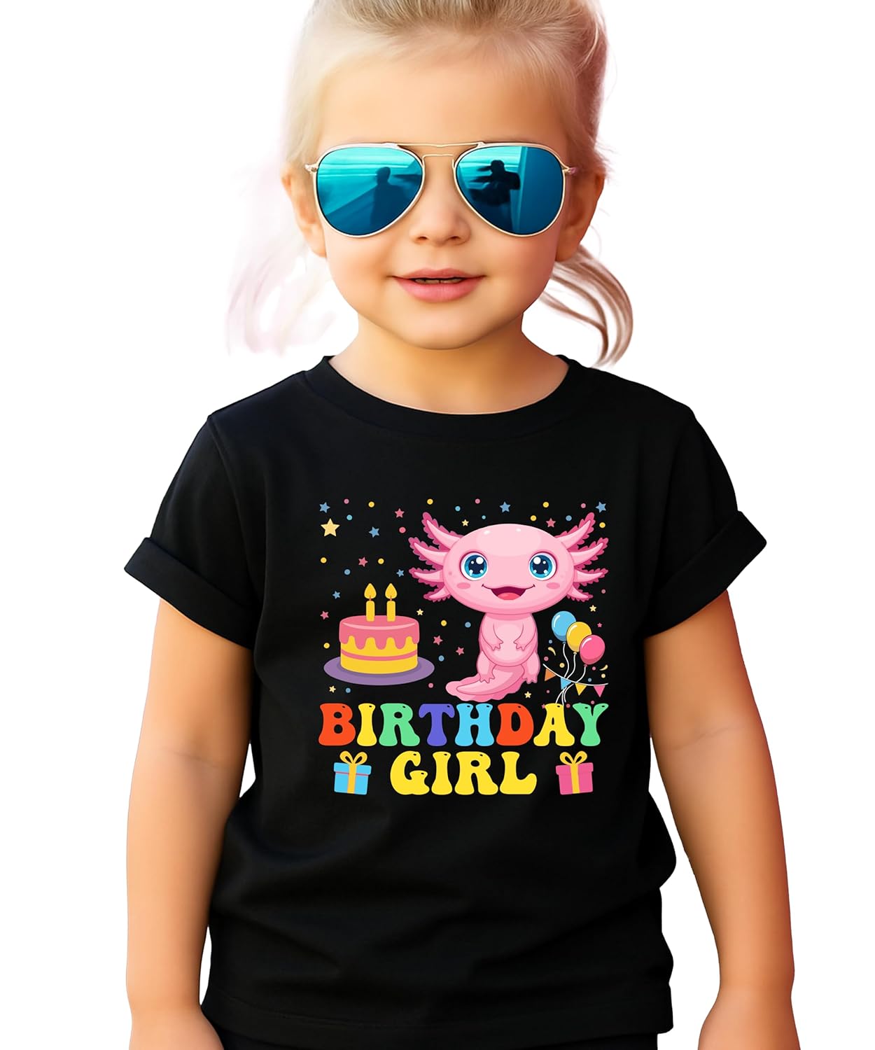 Axolotl family birthday shirt set showing Mom, Dad and Birthday Girl matching designs with rainbow colors