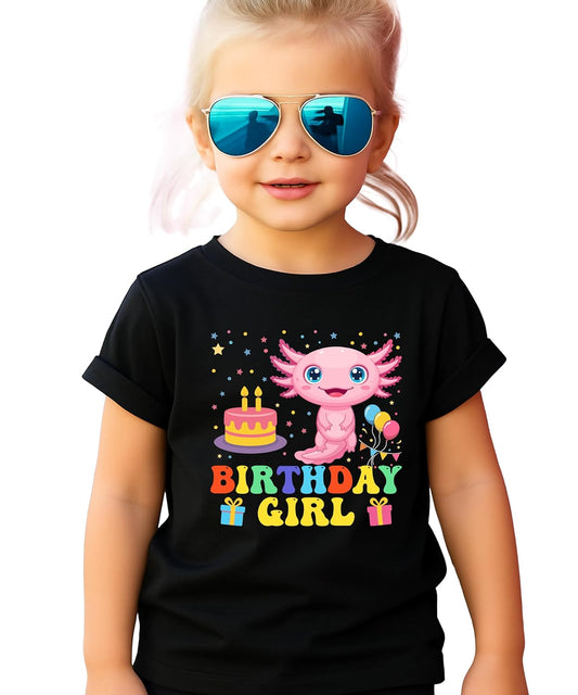 Axolotl family birthday shirt set showing Mom, Dad and Birthday Girl matching designs with rainbow colors