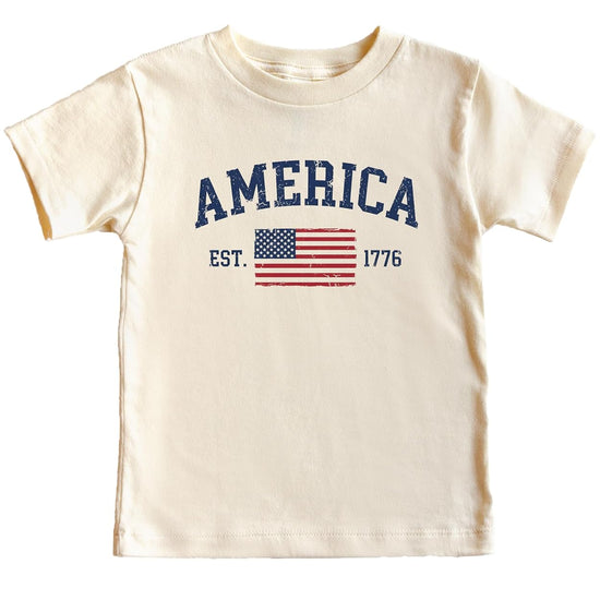 America 1776 shirt modeled showing unisex relaxed fit and classic patriotic design