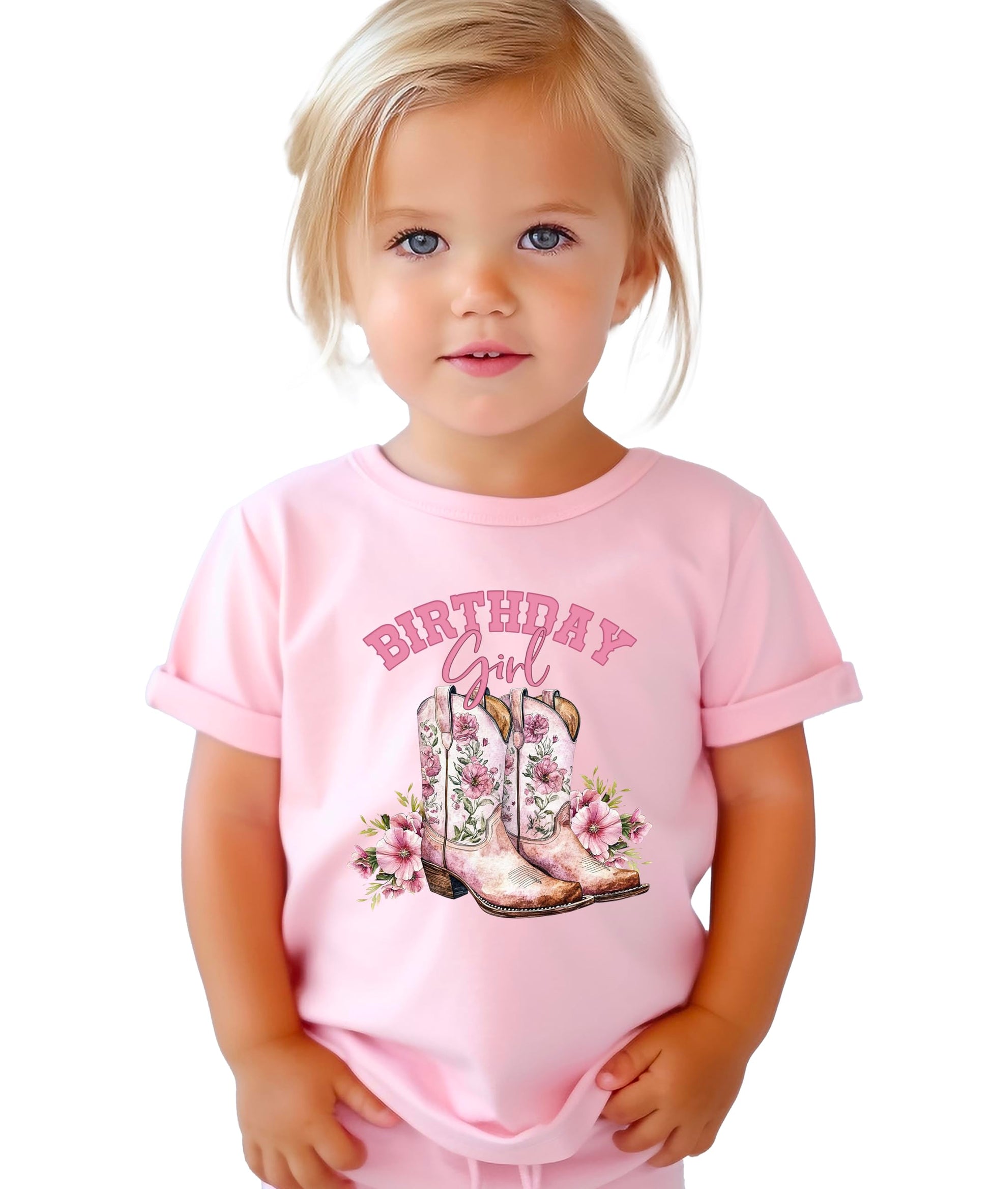 Close-up of pink cowgirl boots with floral details and birthday girl text graphic design