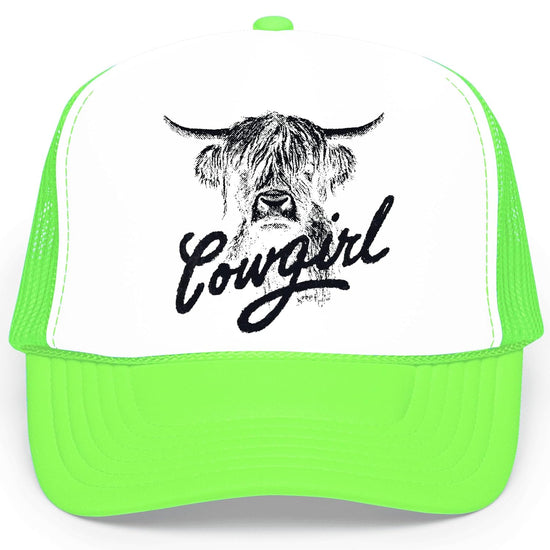Highland cow cowgirl hat worn by model showing fit and style on woman