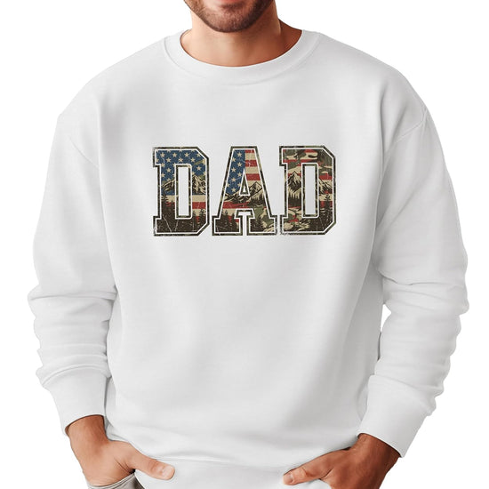 Army green patriotic dad sweatshirt showing camo mountain graphic design on crewneck pullover