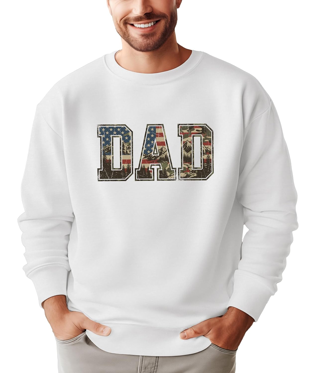 Army green patriotic dad sweatshirt showing camo mountain graphic design on crewneck pullover