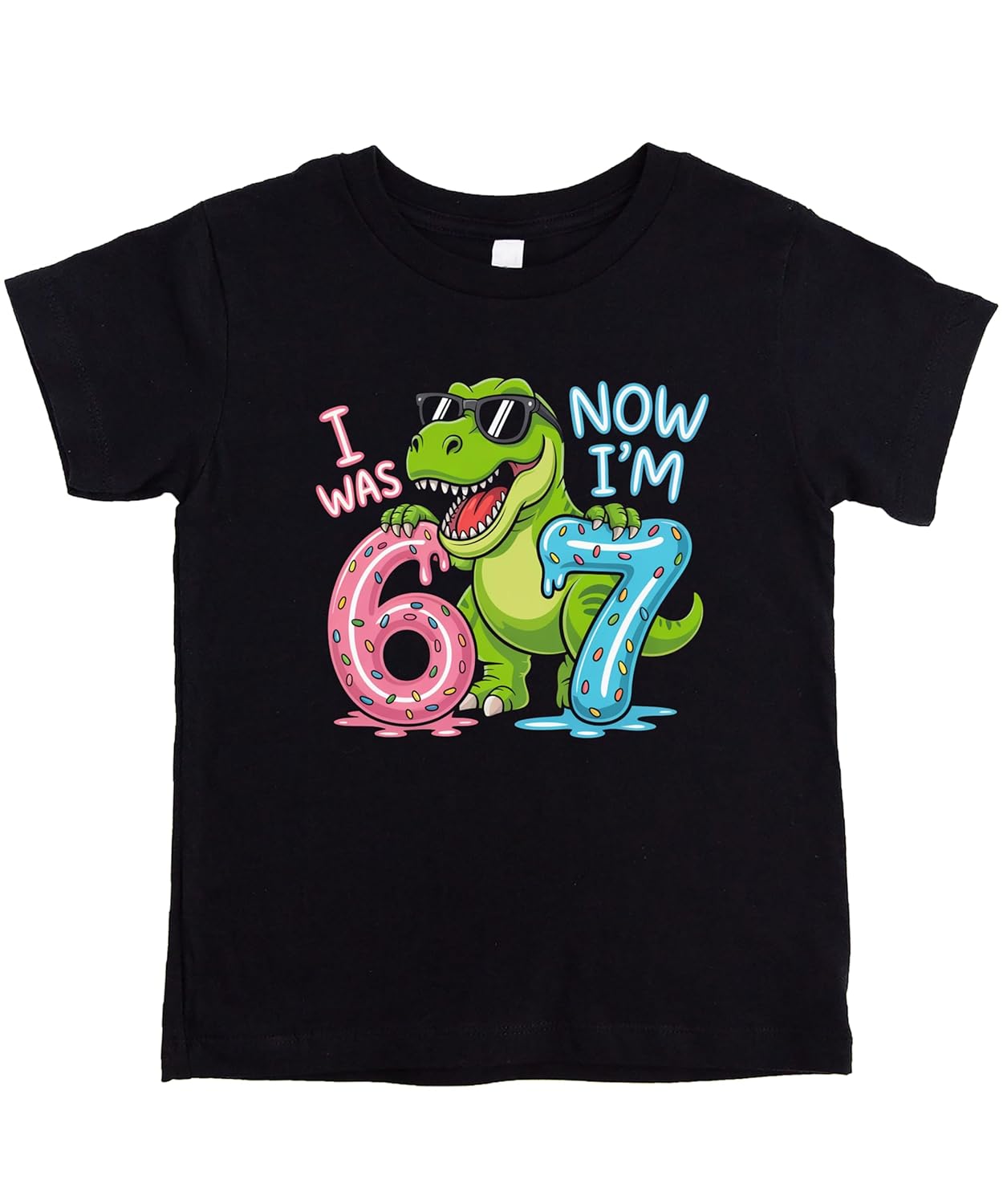 Pink I Was 6 Now I'm 7 dinosaur birthday shirt with T-Rex in sunglasses holding donut numbers