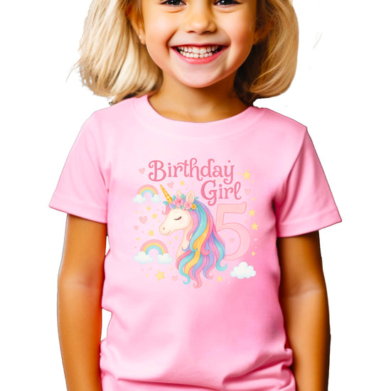 Pink unicorn birthday shirt for girls showing pastel rainbow design and number 5