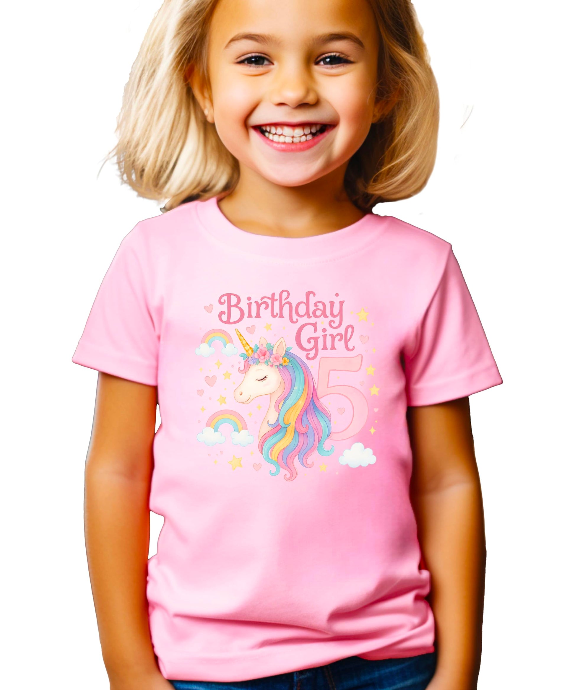 Pink unicorn birthday shirt for girls showing pastel rainbow design and number 5