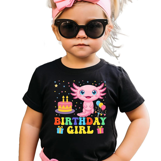 Black axolotl mom birthday shirt with vibrant rainbow graphics and adorable smiling axolotl characters