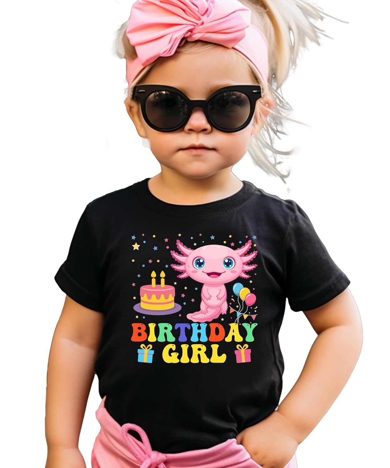 Black axolotl mom birthday shirt with vibrant rainbow graphics and adorable smiling axolotl characters