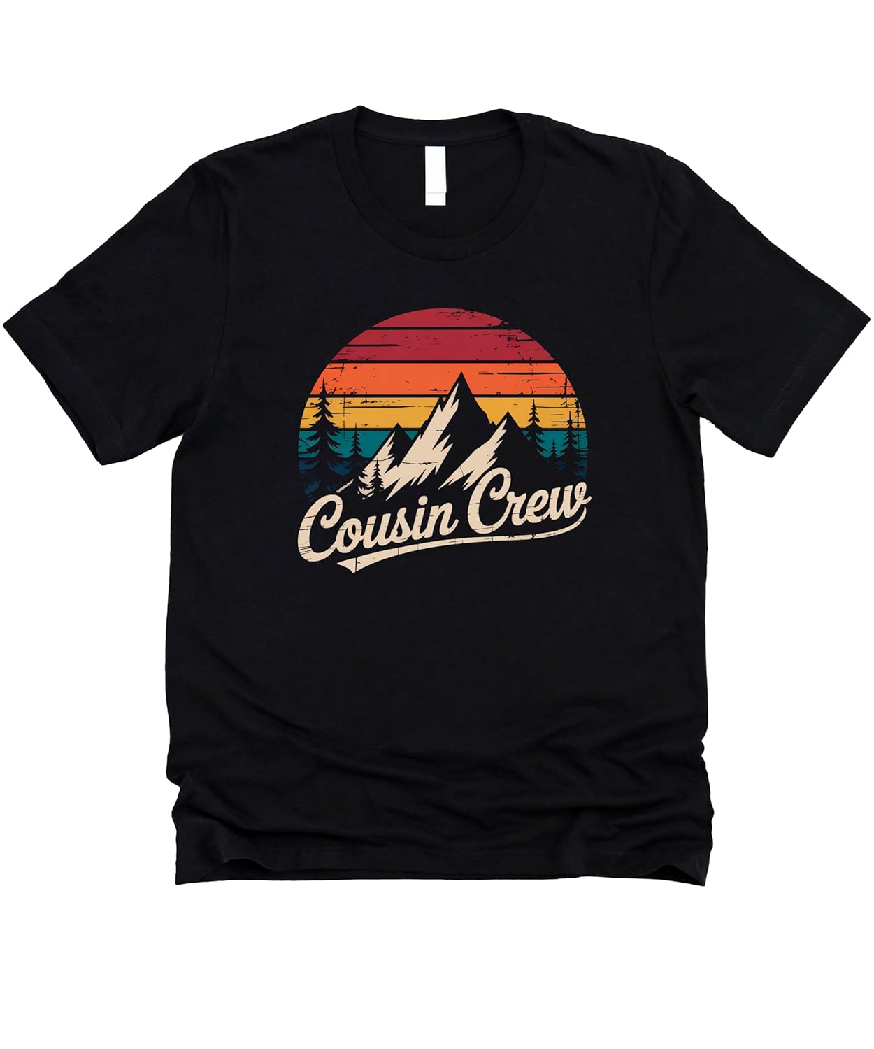 Close-up of Cousin Crew mountain graphic showing sunset gradient and pine tree silhouettes