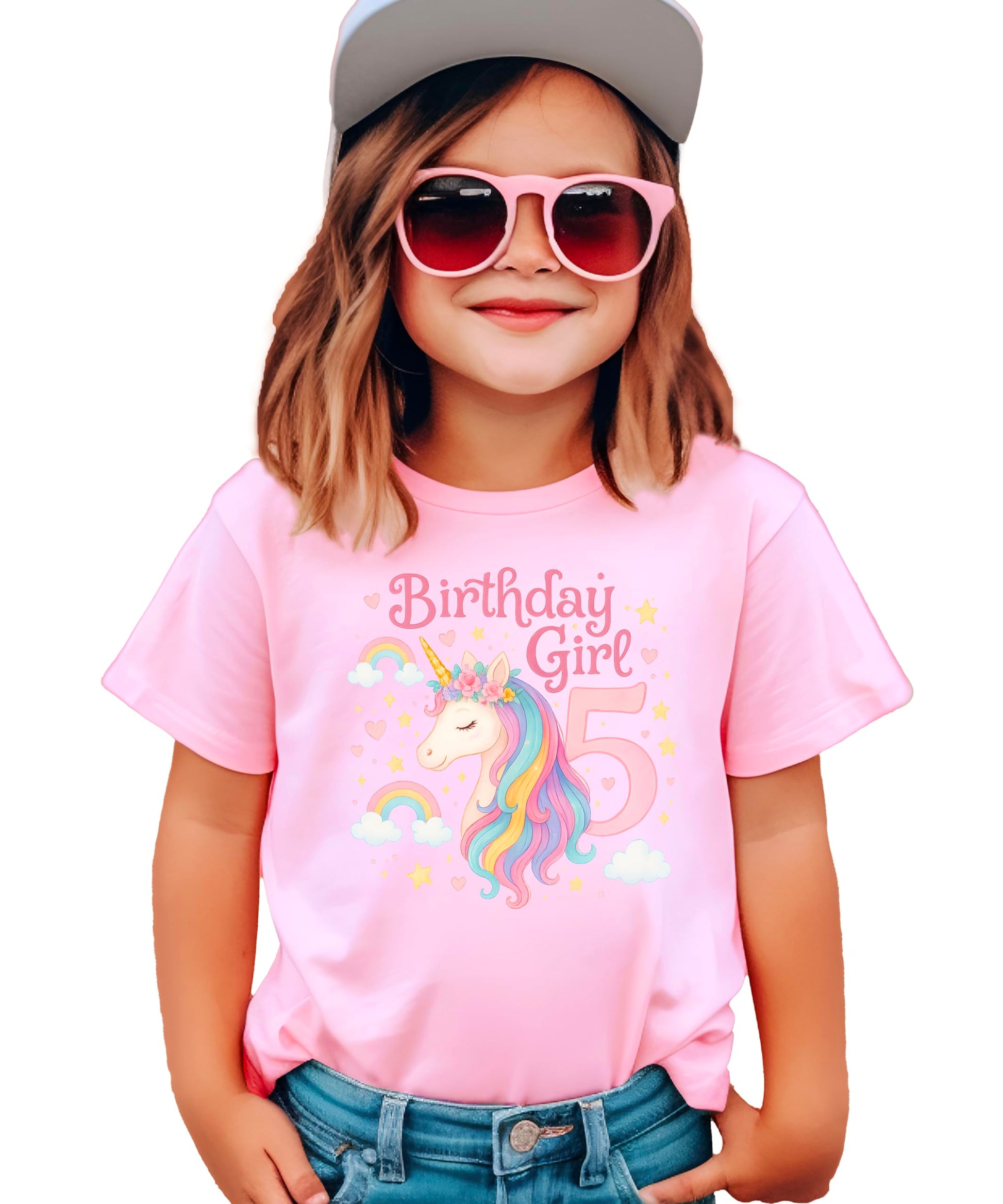 Girls wearing 5th birthday unicorn shirt showing fit and style on child model