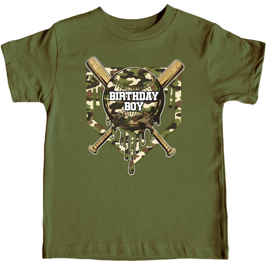 Boys wearing black baseball birthday shirt with camo graphic design