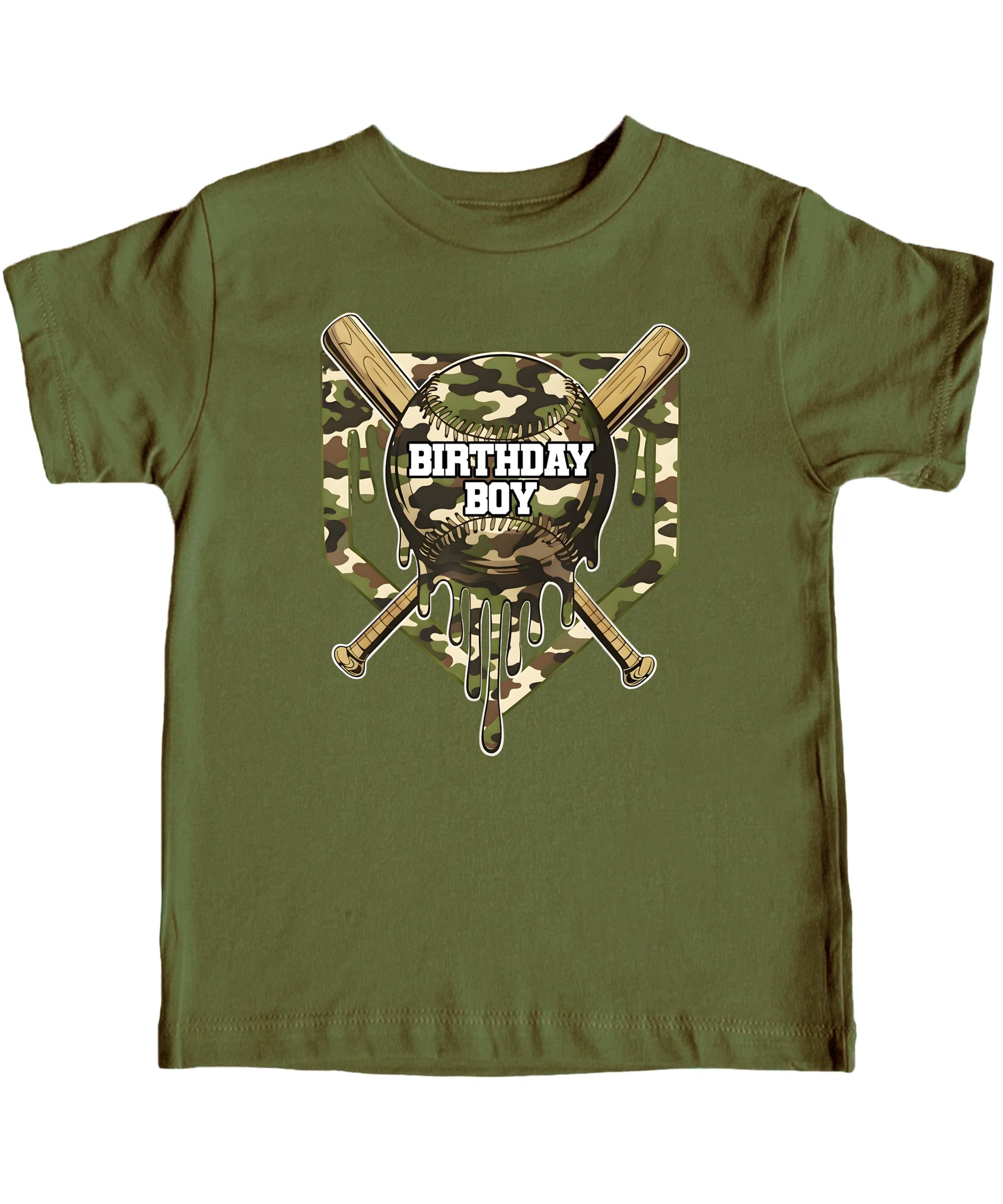 Boys wearing black baseball birthday shirt with camo graphic design