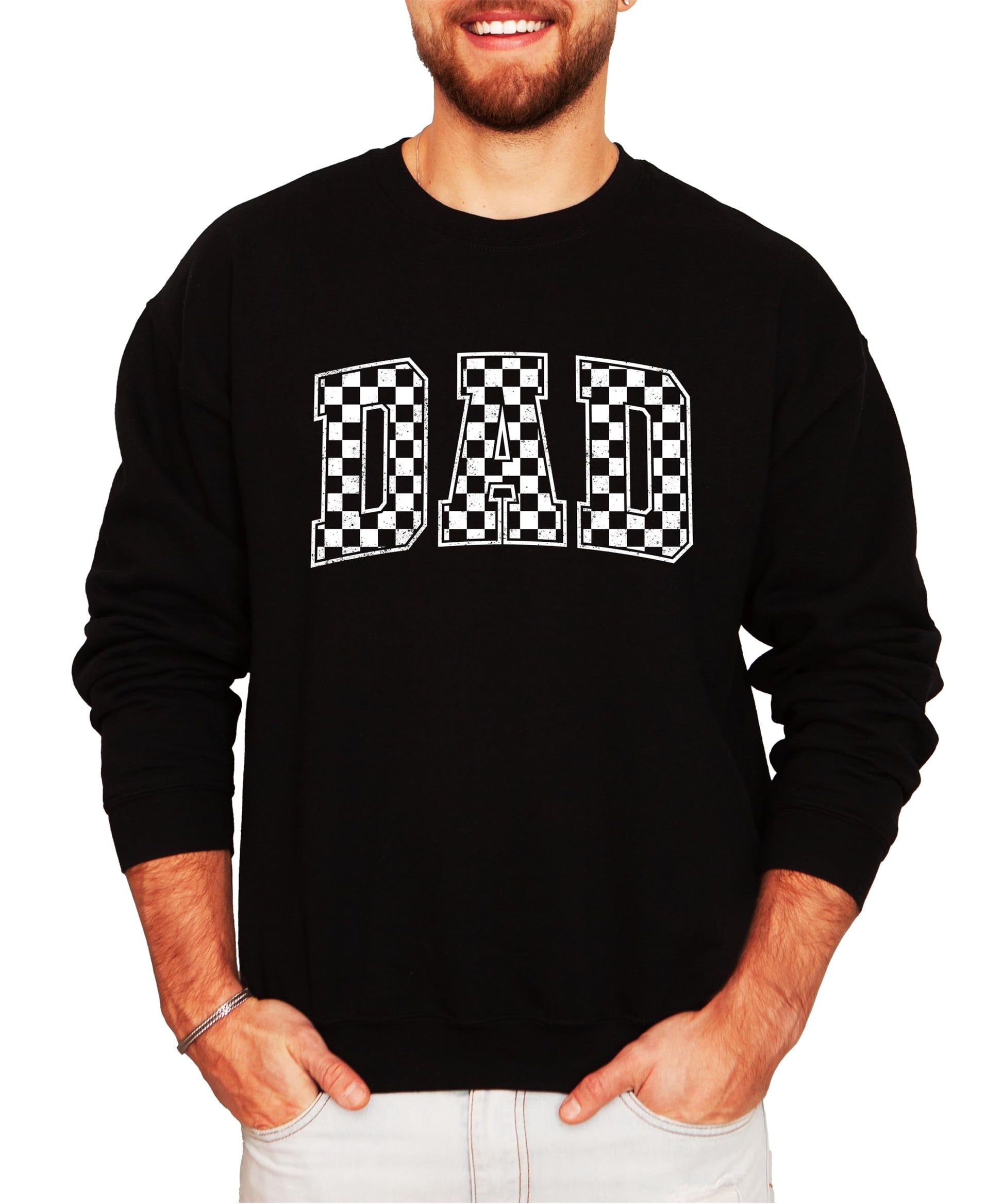 Back view of Dad checkered pullover sweatshirt showing plain back design