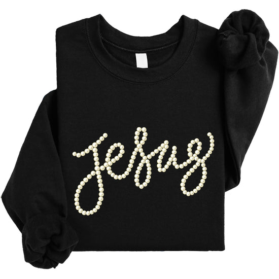 Women's Jesus sweatshirt product detail showing pearl script design