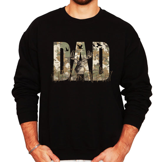 Side angle view of dad hunting sweatshirt showing fit and graphic placement