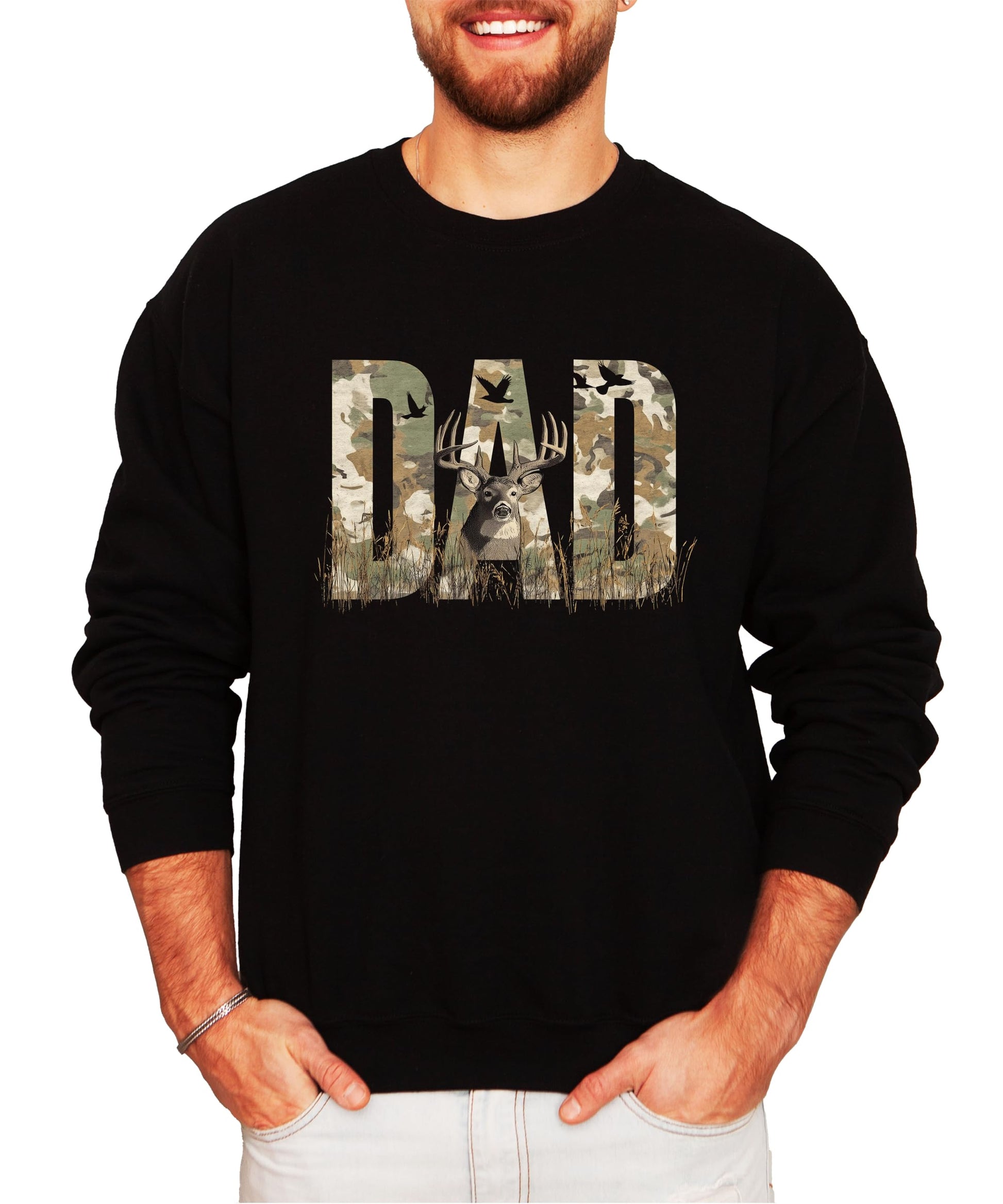 Side angle view of dad hunting sweatshirt showing fit and graphic placement