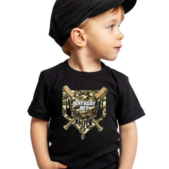 Back view of boys black baseball birthday shirt