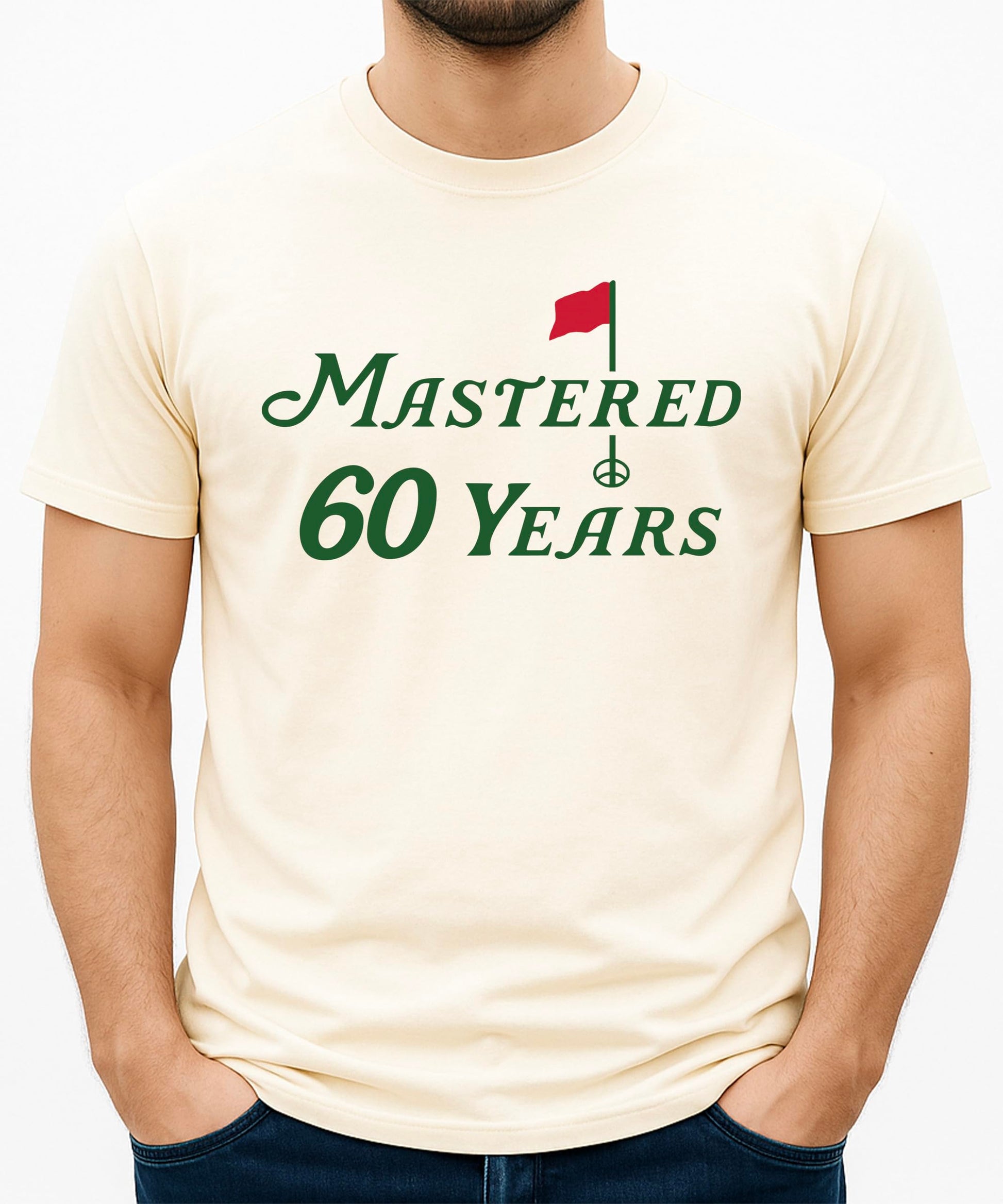 Mastered 60 Years golf shirt laid flat showing full front design and fit