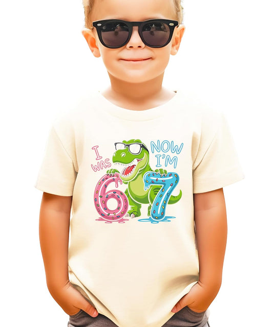 I Was 6 Now I'm 7 Dinosaur Birthday Shirt - T-Rex Kids Tee